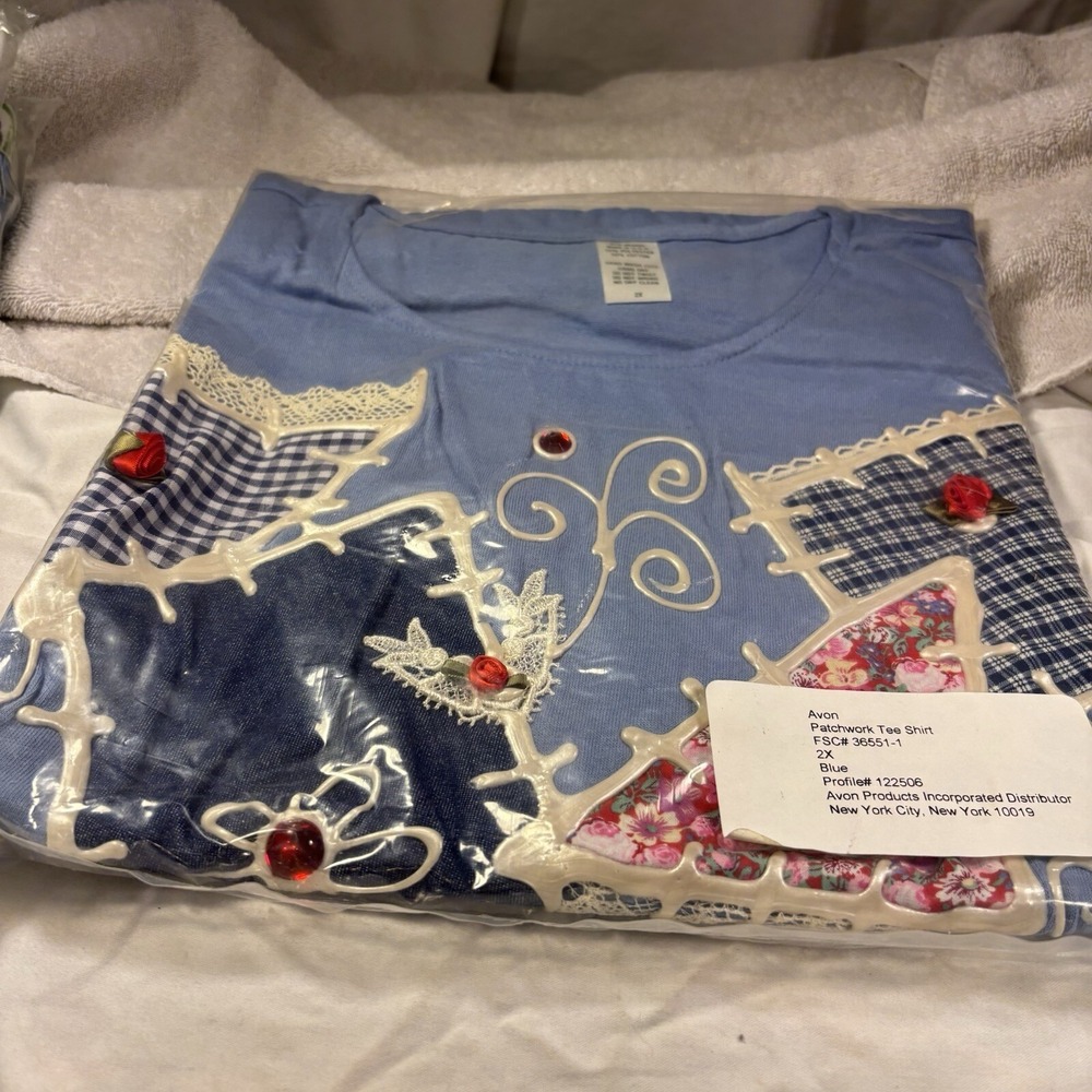 Vintage‎ Avon Patchwork T-Shirt Womens Size XXL Blue USA Short Sleeve